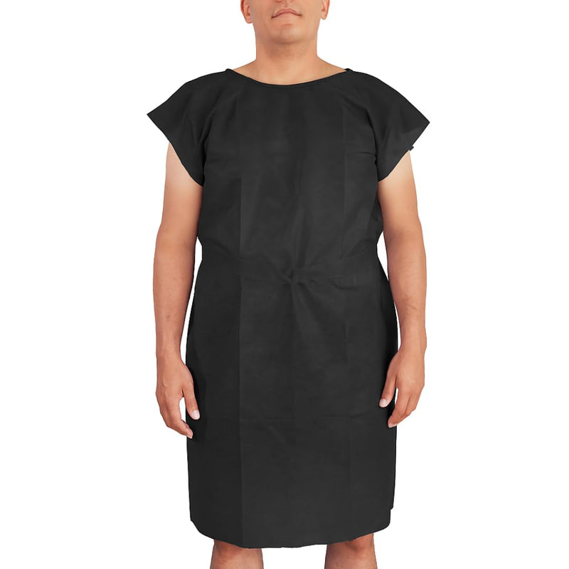 Disposable Patient Gowns for Adults, 10-Pack — Short Sleeve, Back Tie Closure — For Medical, Hospital Use Standard Black