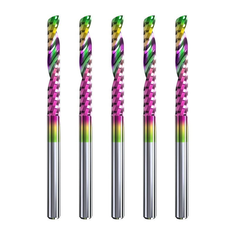 HUHAO CNC Single Flute Router Bits 1/8 Inch Shank,1/8 Inch Cutting Dia,17mm（0.67" ） Cutting Length,Solid Tungsten Carbide Alloy End Mill, DLC Coating Milling Cutter for Aluminium,5 Pack 5pc-1/8" Shank-1/8" Dia-7/8" CEL