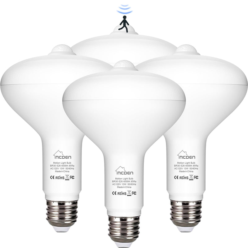 McDen Motion Sensor Light Bulb, BR30 13W Equivalent 100W 6000K Daylight, Indoor Motion Activation Detector Light Bulb, E26 Base Dusk to Dawn Security Night Light. 4 Packs BR30-13W