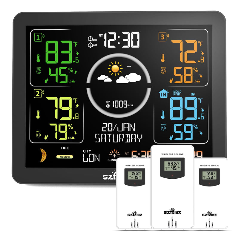 Weather Stations Wireless Indoor Outdoor Thermometer with Multiple Sensors, 7.5" VA Display Weather Forecast Station with Atomic Clock, Temperature, Humidity and Adjustable Backlight for Home Black-Basic Weather Station