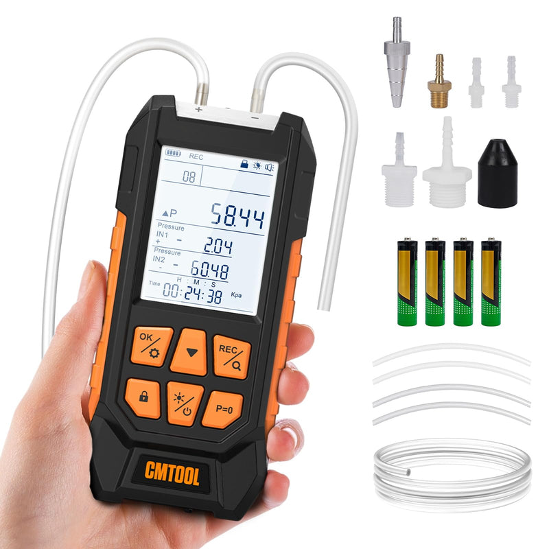 Manometer Gas Pressure Tester, Digital Manometer, -100-200Kpa, 10 Units Differential Pressure Gauge, Max/Min/Data Storage, 2-Port Tester for HVAC/Automotive Brake/Industrial/Lab Calibration (Regular) Regular