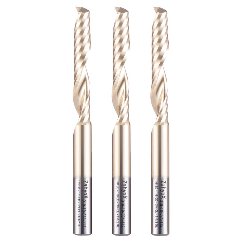 ZahyoX O Flute Upcut Spiral Router Bit 1/8" Shank, 1/8" Cutting Dia, 3/4" Cutting Length, 1-1/2" OVL (Pack of 3), Single Flute CNC Bit for Plastic, PVC, Acrylic, ABS 3 Pack 1/8" CD, 1/8" CL