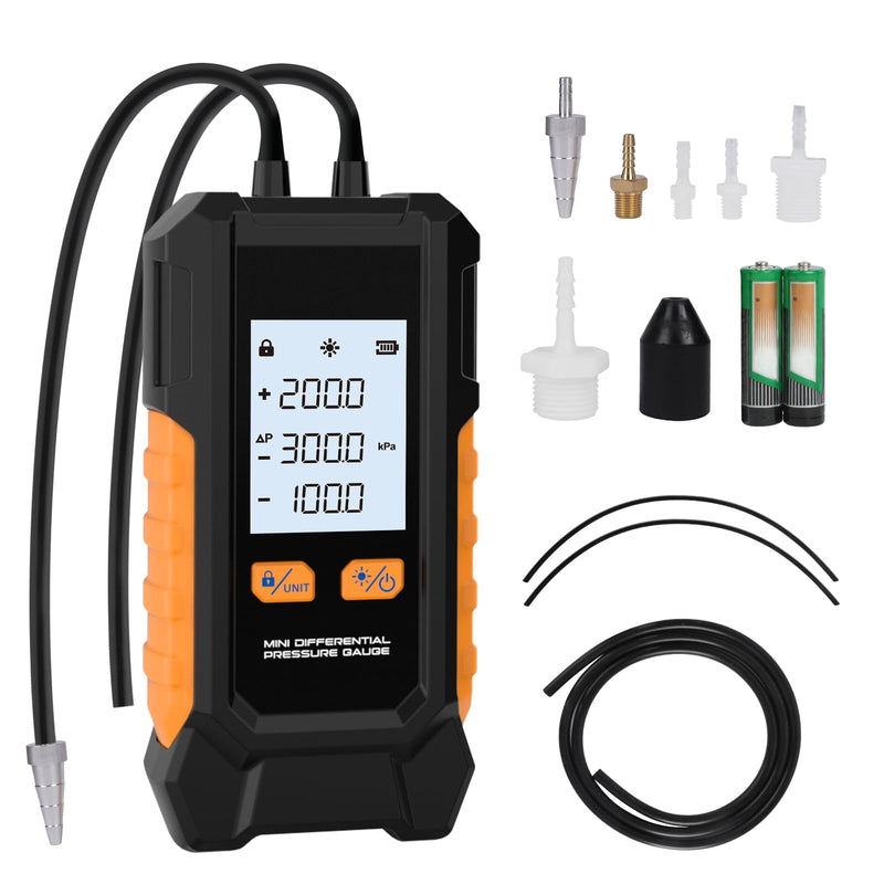 Manometer Gas Pressure Tester -101 to 200KPa Digital Manometers Dual-Port Gas Manometers HVAC with Auto Calibration, Backlight LCD Display, Data Hold Air Pressure Meter