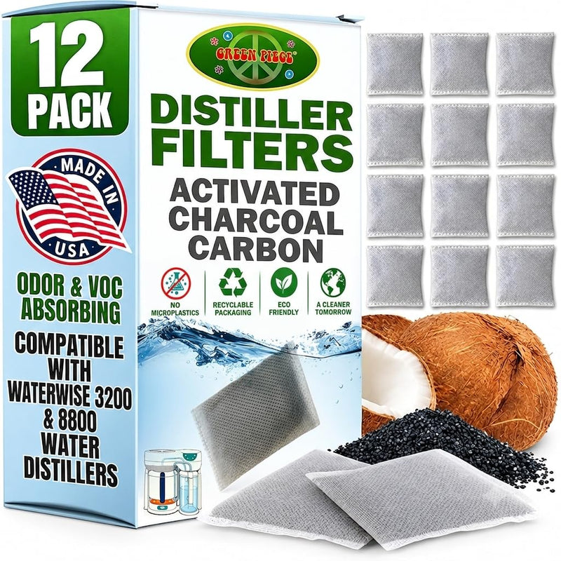 Green Piece® Water Distiller Filters Compatible with Waterwise 3200 & 8800, 8500 | EcoWater EWS-US 500/800 | Kenmore 625-344800/344810 | Coconut Charcoal Post-Filter Bags 4"x3" | 12 Pack | Made in USA