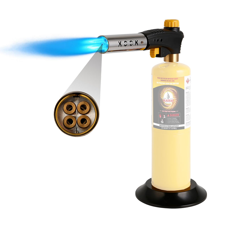 KOOKCOOK Propane Torch Head,Quad-Flame Blow Torch Kit with Propane Tank Base for MAPP MAP Gas,Work in All Angle,Trigger Start Torch Gun Ideal for Welding Brazing Soldering Grill Camping Cooking Food Torch Only