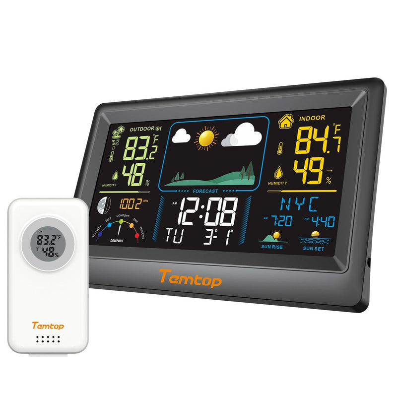 Temtop Multifunctional Weather Station with Indoor/Outdoor Temperature, Humidity, Atmospheric Pressure, Weather Forecast, Moon Phase, and Alarm Features, W100 Lite