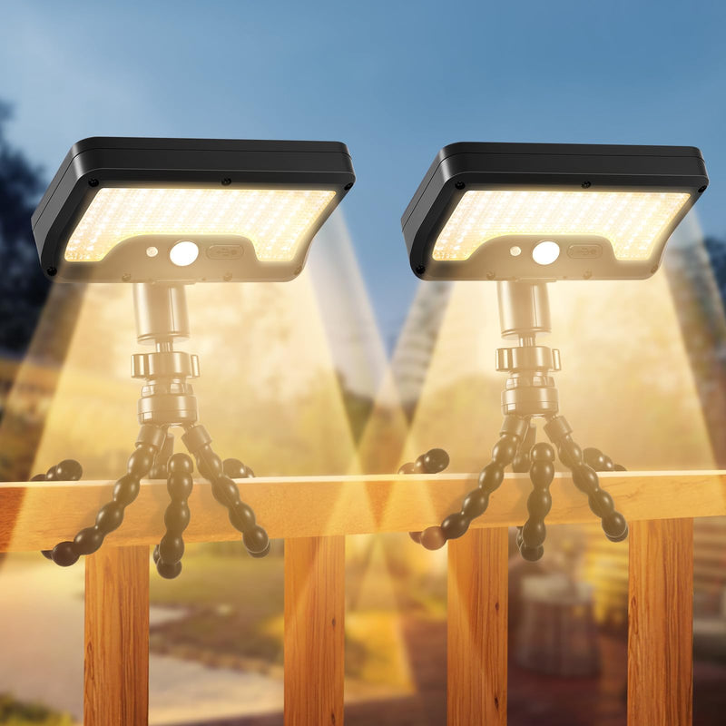 Solar Motion Lights Outdoor with Flexible Octopus Tripod, USB & Solar Powered Motion Sensor Lights with 92 LEDs(600LM,3000K), IP65 Waterproof Motion Activated Light for Fence, Camping, Gutter(2 Pack) Black/Warm Yellow（3000K） 2 Pack/Octopus Tripod