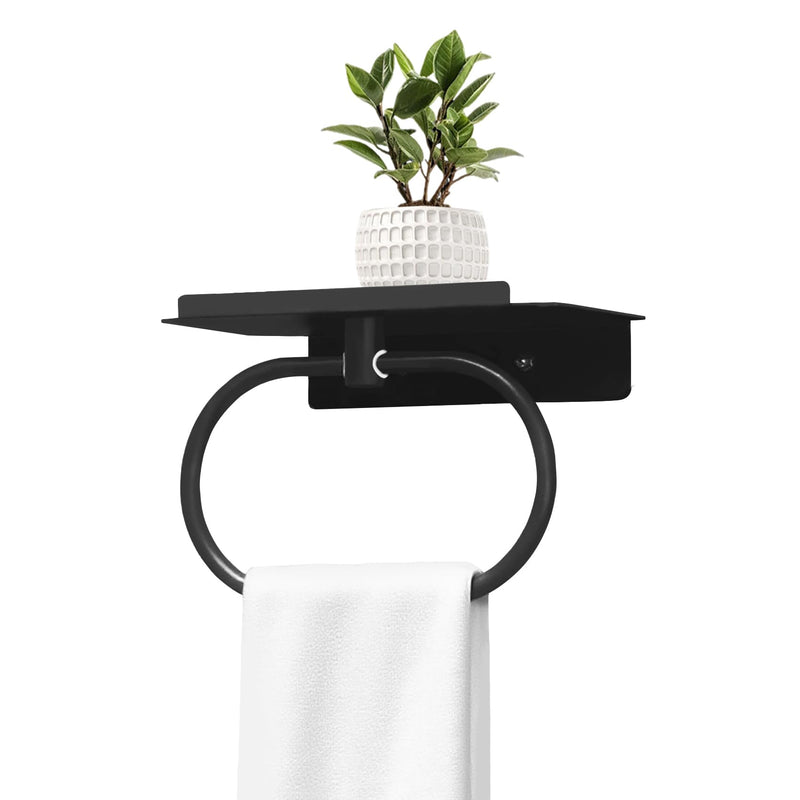 Towel Holder with Shelf, Carbon Steel Heavy Duty Wall Mounted Towel Rack Maijdoany for Bathroom Kitchen, Matte Black Hidden Hand Towel Hanger Ring with Storage Shelf