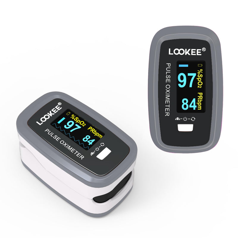 LOOKEE LK50D1 Deluxe Fingertip Pulse Oximeter - Finger SpO2 Blood Oxygen Saturation Monitor with Auto Rotate OLED Display Plethysmograph Waveform & Pulse Graph - Batteries Included Gray