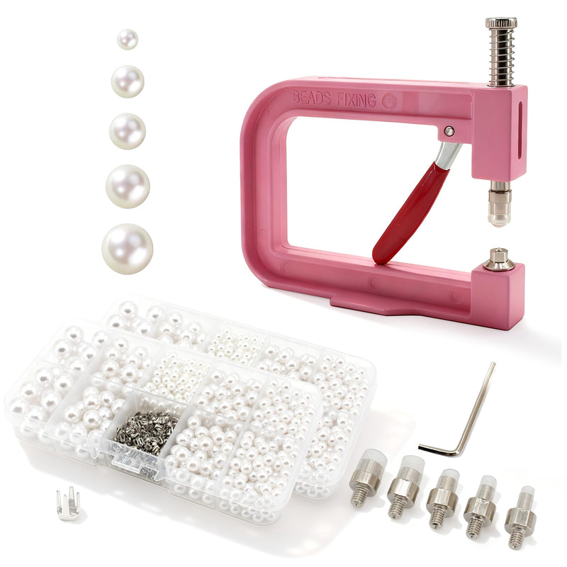 Pearl Setting Machine Hand Press Tools 2 Boxes White No Holes Pearl Beads with Rivet Studs Screw Heads L Hexagon Wrench for Decorating Clothes Hat Trousers Dresses Bag Hair Band DIY Crafts (Pink) Pink