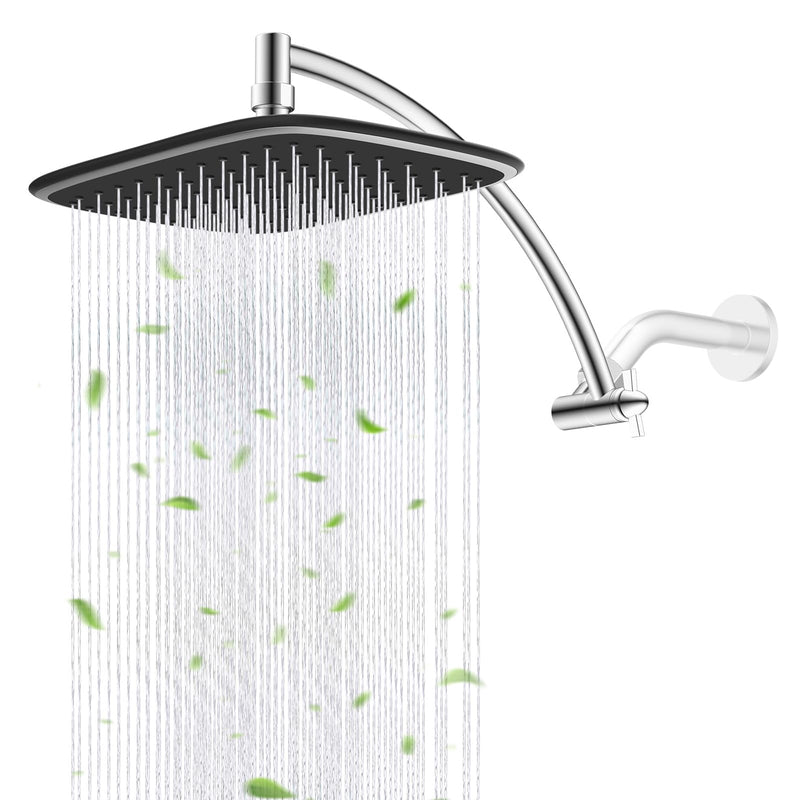 Rain Shower Head with 12" Shower Head Extension Arm, 10" High Pressure Boosting Rainfall/Fixed Showerhead, Metal Shower Head Extender Adjustable Height/Angle, 1-Min Installation, Easy Clean, Chrome Square 10"