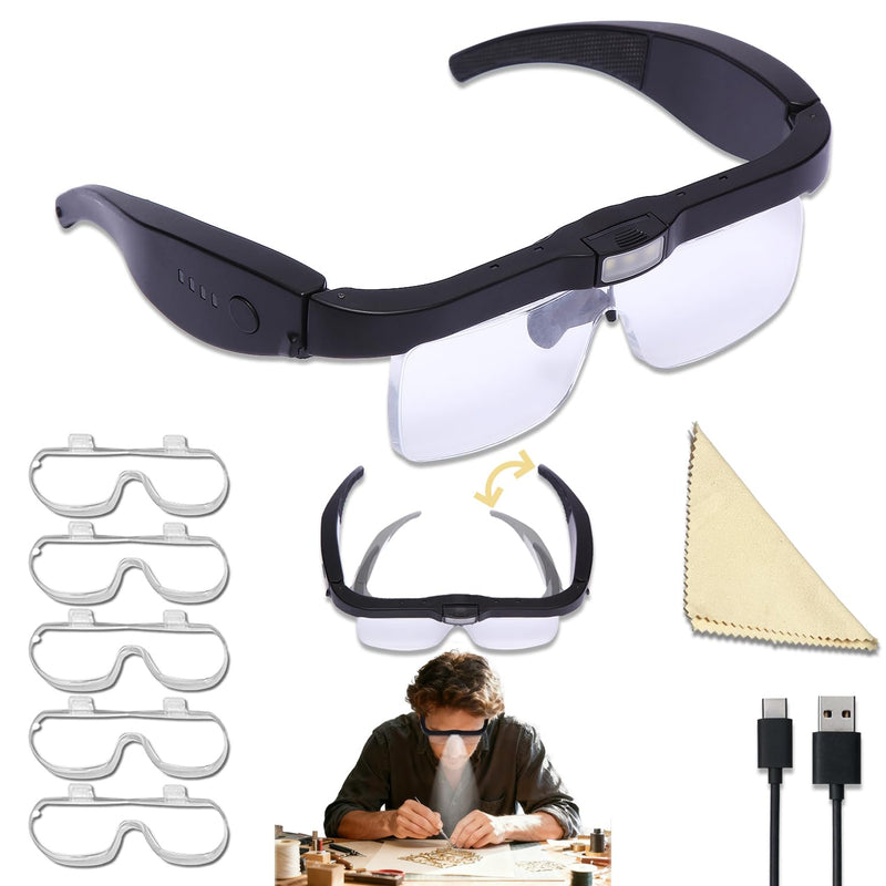 Professional Magnifying Glasses Headset with 5 Detachable Lenses 0.75X-4.0X & 3 LED Lights, Rechargeable Hands-Free Headband Magnifier for Close Work, Jewelry Crafts Hobby Black