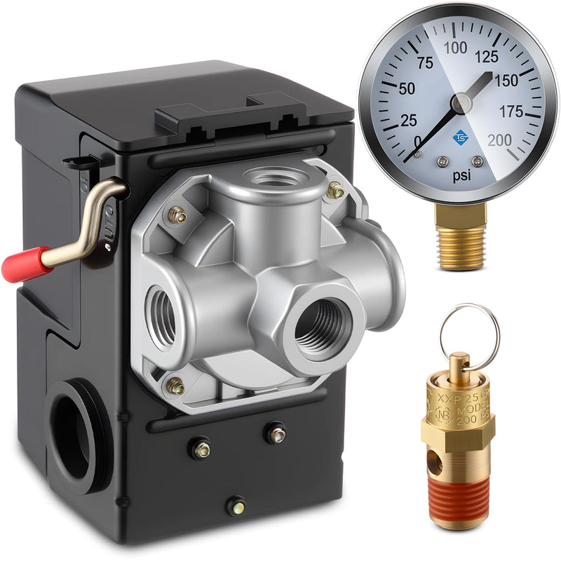 Dreyoo Air Compressor Pressure Switch 90-120 4-Port 20 Amp with 0-200 PSI Gauge and 200 PSI Safety Relief Valve, 1/4" NPT Replacement Pressure Switch Parts for Air Compressor 90-120 PSI