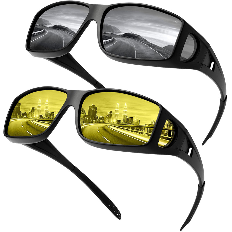 URUMQI Polarized Sunglasses Fit Over Glasses for Men Women, Wraparound Sunglasses UV400 Protection for Driving Fishing C03 Matte Black Frame/Grey & Yellow Lens