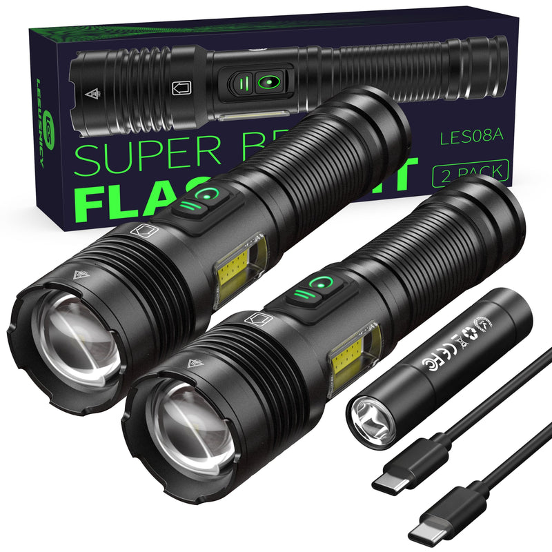 Rechargeable Flashlights High Lumens 100000 with Side Light - 2 Pack, Super Bright 30W LED, Dual Source Light Buttons, Long Lasting 15H, Quick USB C Charge, Handheld 6.81” Length, for Hiking Home Gift