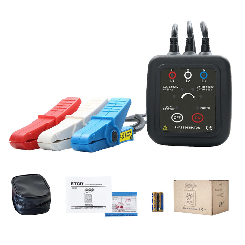 ETCR1000D Non-Contact Phase Sequence Tester Phase Rotation Meter | For insulated wires 0.4-1.6in (10-40mm) diameter, suitable for AC 70-1000V phase sequence testing