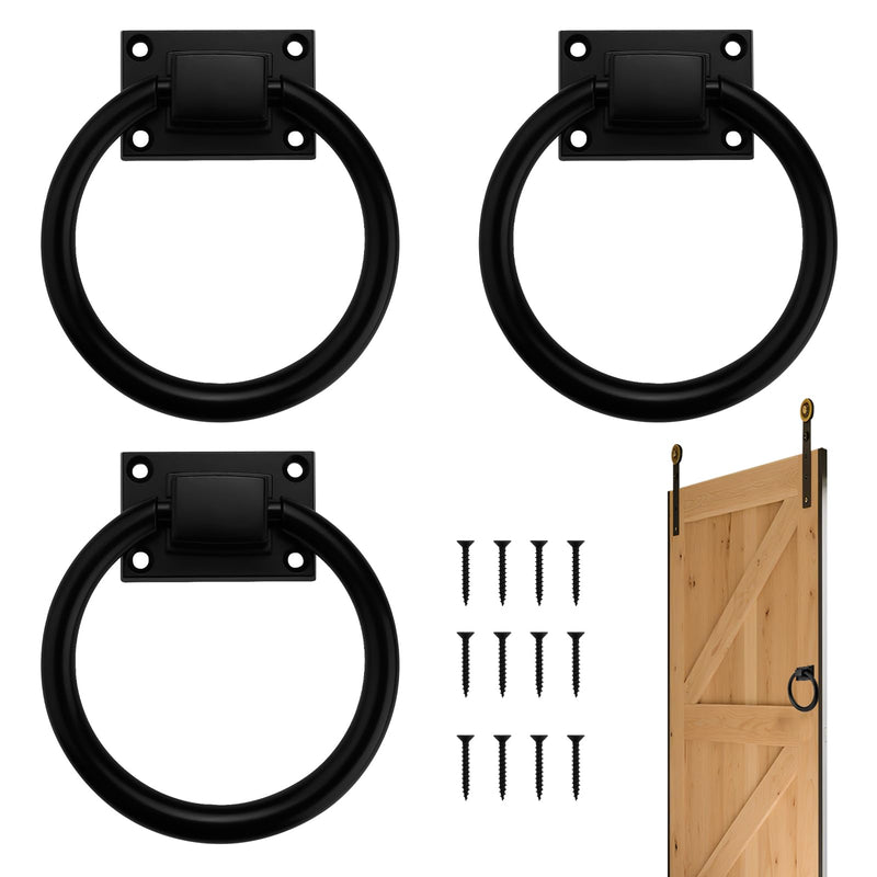 3 Pack Black Sliding Barn Door Ring Pull with Screws, Zinc Alloy Door Pull Handle, Outdoor Ring Gate Handle Hardware for Garage Farmhouse Hallway Fence Cabinet Drawers (Black)