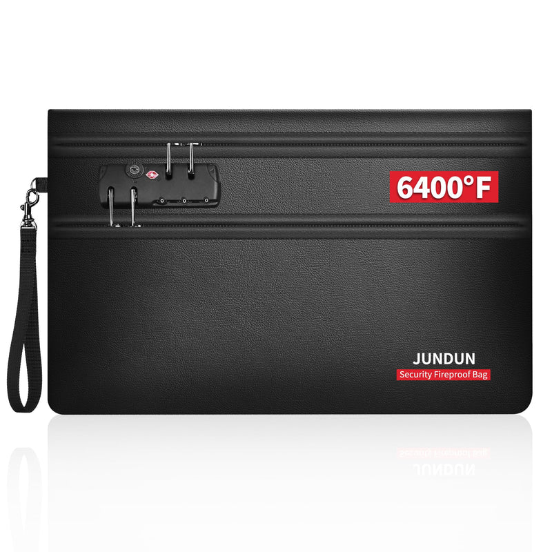 JUNDUN Fireproof Money Bag with Lock(11" x 7.5"), 6400℉ Fireproof Bag for Cash with 12 Layers Heat Insulated, Dual Zipper Fire Safe Pouch for Important Valuables with Passports, Jewellery Black 11" x 7.5"