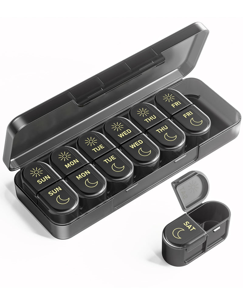Weekly Pill Organizer 2 Times a Day, AM PM Pill Organizer 7 Day, Large Pill Box 7 Day, Travel Pill Case Daily, Black Privacy Protection Medicine Container for Medication, Vitamins, Supplements