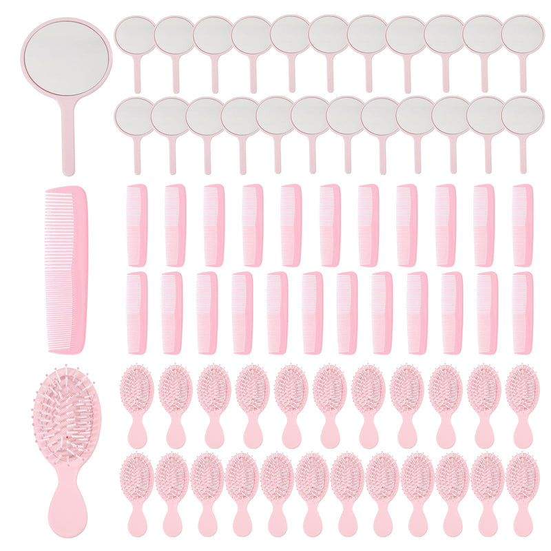 FREEBLOSS 72pcs Mini Hair Brush Set Includes 24 Detangling Hair Brushes 24 Tooth Combs and 24 Handheld Mirror for Spa Birthday Shower Party Travel Gift Box, Pink