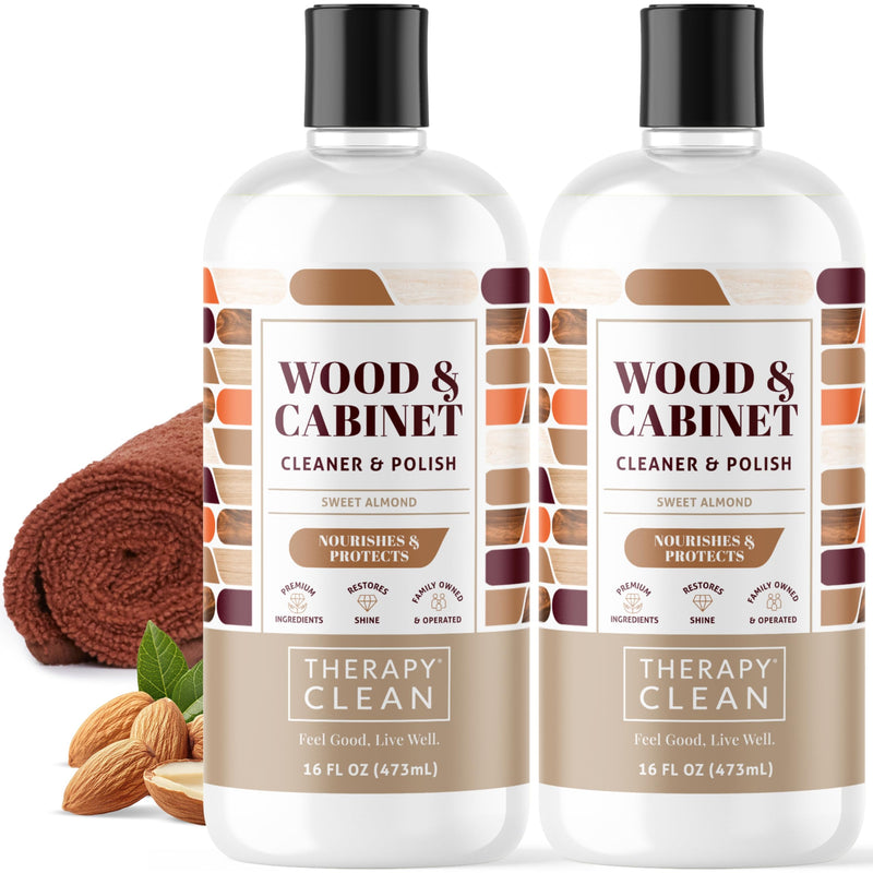 Therapy Wood Cleaner & Polish 16 oz. (2-Pack with Microfiber Cloth) - Wood Cabinet and Table Cleaner - Conditioner - Almond Scent Wood Polish (Pack of 2 with Microfiber)