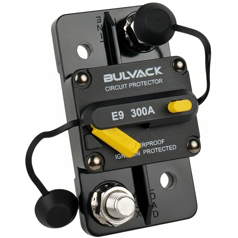 E9 3/8" Studs 300 Amp Circuit Breaker with Manual Reset for Automotive Boat ATV Vehicles Stereo Car Audio | 12V - 48V DC | Waterproof IP67 Switchable Hi-Amp 300A - Extended Surface Mount