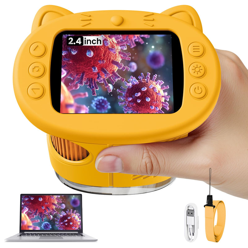 Microscope for Kids, 2.4 Inch Digital Microscope with 1000X Magnification, Handheld Camera Mini Pocket Magnifying Glass, Educational Christmas Birthday Gifts Toys for Ages 3+, Yellow