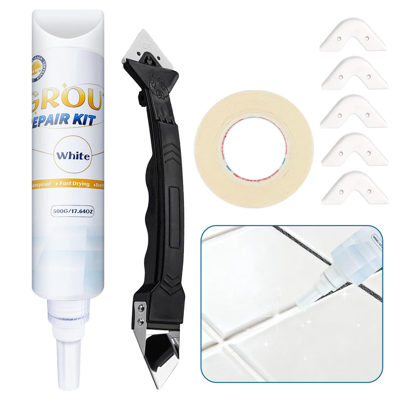 17.64 oz Tile Grout Repair Kit - Grout Filler, Fast Drying Sealer Waterproof Paint with Silicone Trowel Scraper, Restore & Renew Bathroom Shower Kitchen Floor Tile Joints, Line, Gaps (White) White
