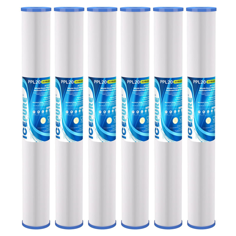 ICEPURE 20 Micron 2.5" x 20" Whole House Pleated Sediment Water Filter Cartridge for Well Water, Replacement for ECP20-20, SPC-25-2020, ECP1-20, ECP5-20, SPC-25-2005, SPC-25-2001, 6PACK