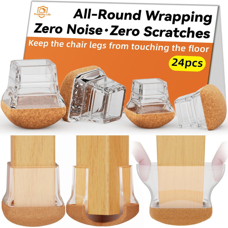 24pcs Chair Leg Floor Protectors for Hardwood Floor |Protect Wood Tile Floors Chair Leg Caps with Wrapped Felt Pads| Anti-Scratch Reduce Noise |Fit Angled Chair Legs| Clear Square M Fit:0.8"-1.0" 24pcs Clear Square-M (0.8-1.0inch)