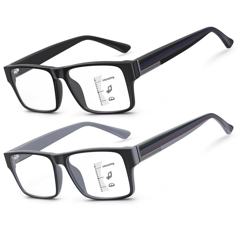 SKYOAK Excellent TR90 Unbreakable Progressive Multifocus Reading Glasses for Men, Thick Frame Anti Blue Light/UV Readers, 2 PACK Quality Chunky Computer Glass No-Line Multifocal Eyeglasses C1, +1.75x C1 - Progressive Readers 1.75x