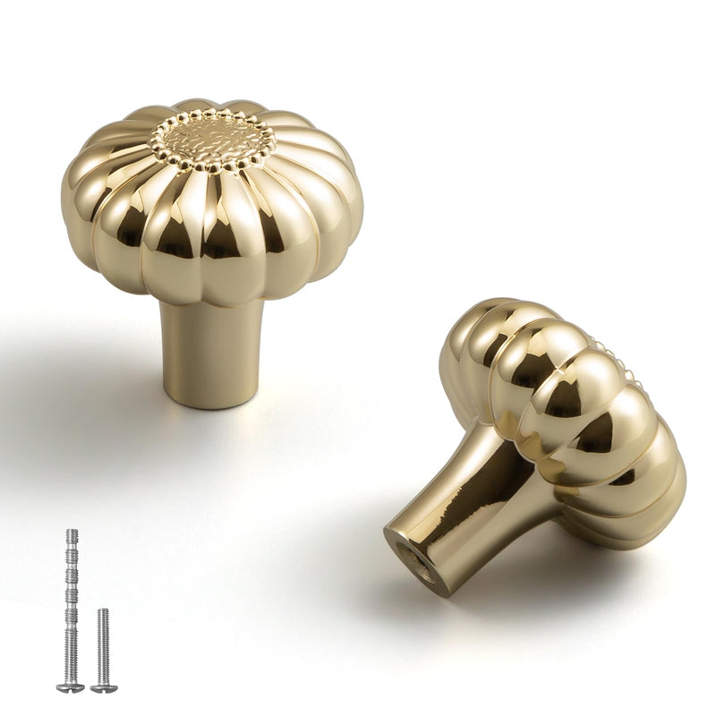 YAGU 10 Pack Sunflower Polished Brass Kitchen Cabinet Knobs 1-1/5 Inch Round Dresser Drawer Knob Bright Gold Furniture Hardware Shiny Brass Pulls for Closet Cupboard Wardrobe Single Hole Knobs