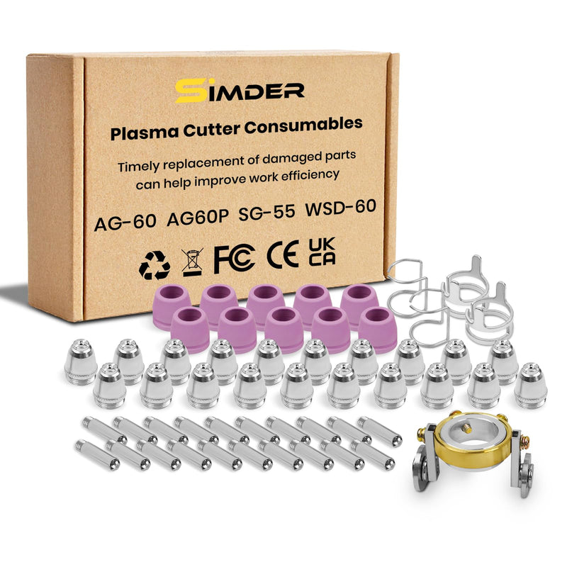 SSimder AG60P Plasma Cutter Torch Consumables 55Pcs Cutting Torch Tip Nozzles Kit With Roller Guide Wheel Spacer For SG-55 AG-60 WSD-60 CUT50PRO