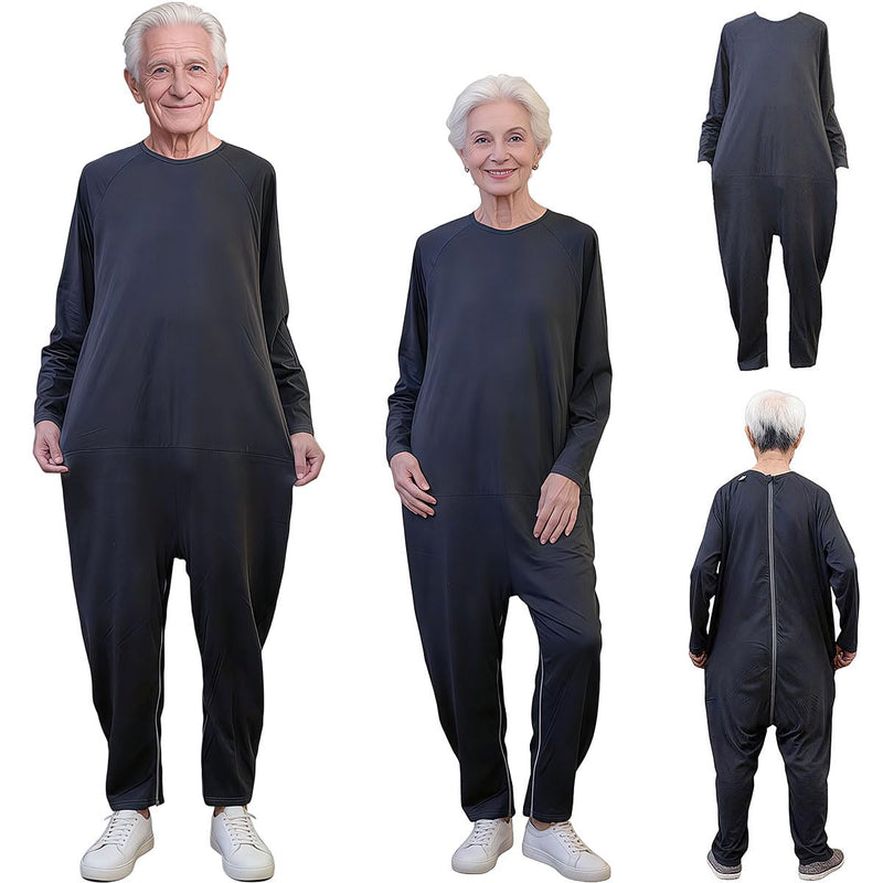 Unisex Anti-Strip and Tear-Resistant Adaptive Jumpsuit with Back and Leg Zipper,One-piece Long-Sleeved Trousers,Suitable for Seniors,Incontinence Care,Dementia,Alzheimer’s Patients(Black XL) Black X-Large