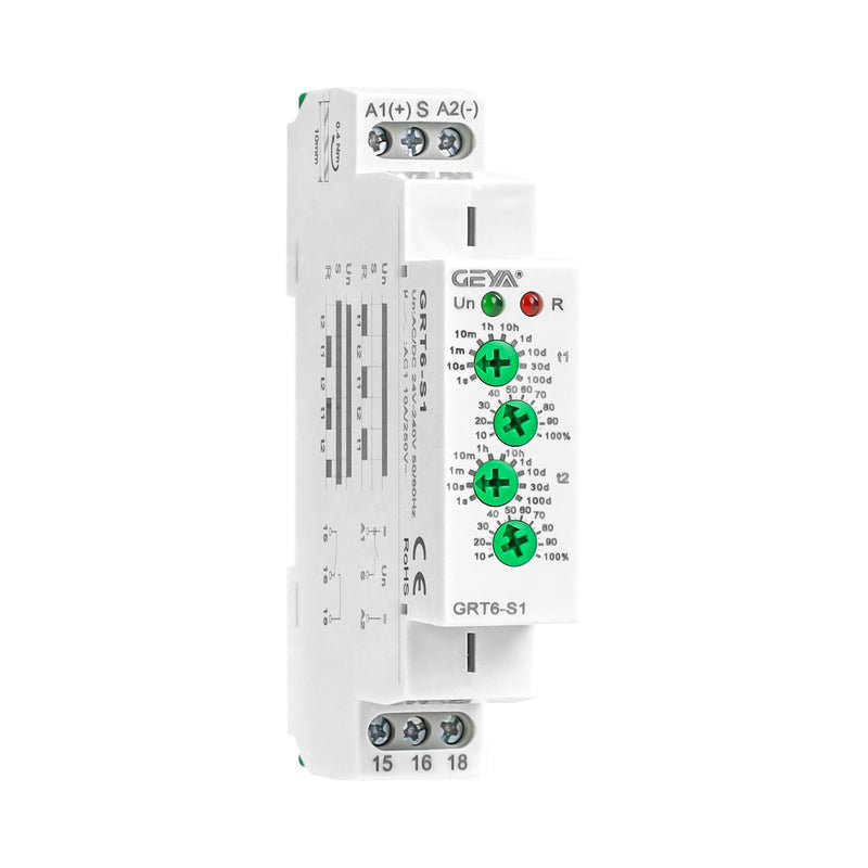 GEYA 10A Asymmetric Cycle ON/Off Repeat Cycle Timer Relay 1SPDT DIN Rail(GRT6-S1,AC/DC 24V-240V) AC/DC24V-240V Grt6-s1