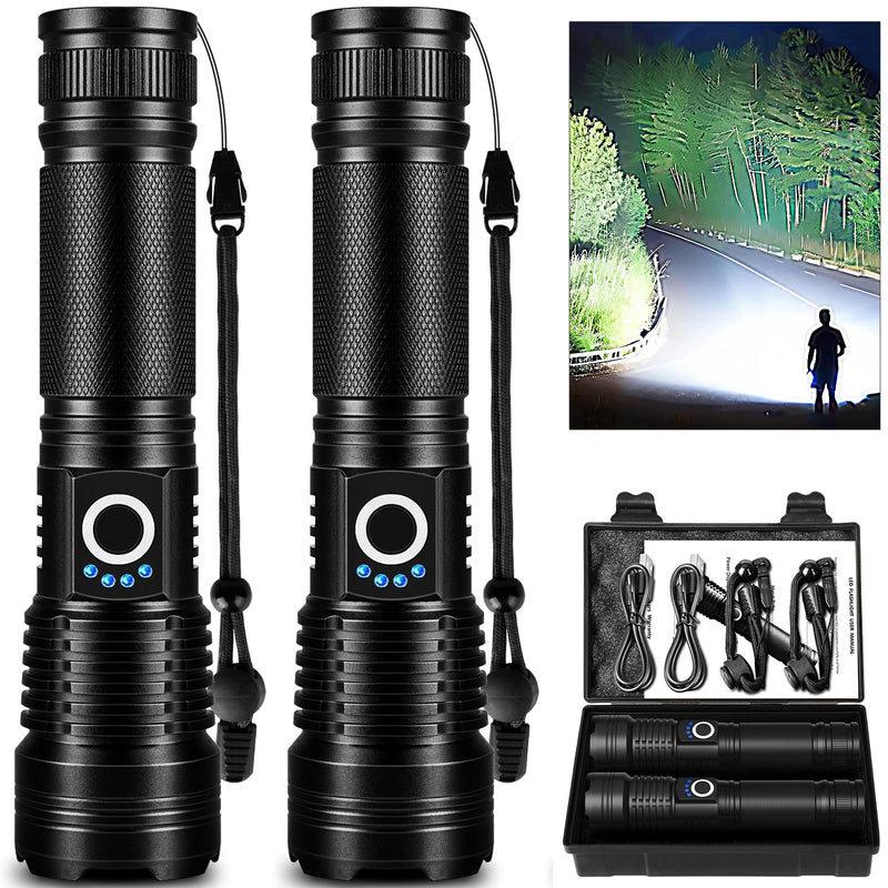 2 Pack Rechargeable LED Flashlights High Lumens, 99,000LM Super Bright Adjustable Flashlight with USB Cable & 5 Modes, Waterproof Handheld Flashlight Powerful Flash Light for Home Camping