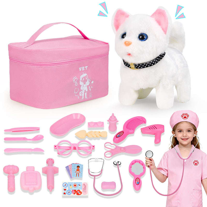 Doctor Kit for Girls, 27 Pcs Veterinarian Playset with Walking Cat Toy, Carrying Bag, Stethoscope & Dress Up Costume, Pretend Play Gift for Kids Toddlers Ages 3 4 5 6 Year Old B-Pink with Cat Toy
