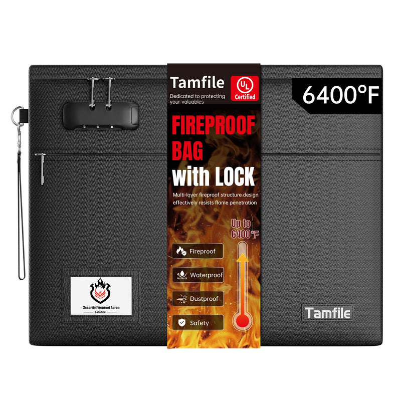 6400℉ Fireproof Document Bag with Lock, 15 x 12 inch Fireproof Money Bag 2 pockets with Zipper for Cash, Fire Safe Money Pouch Zipper for Important File,Valuables, Keys, Passports (Black) Black