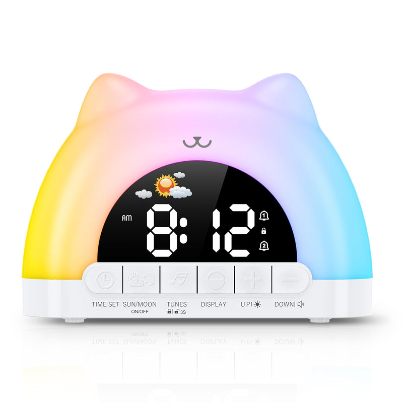 Kids Alarm Clock, Wake Up Clock with 11 Colors Night Light, Toddlers Sleep Training Clocks with 10 Ringtones, Brightness Adjustment, Dual Alarms Plug in OK to Wake Clocks for Girls Boys Contemporary