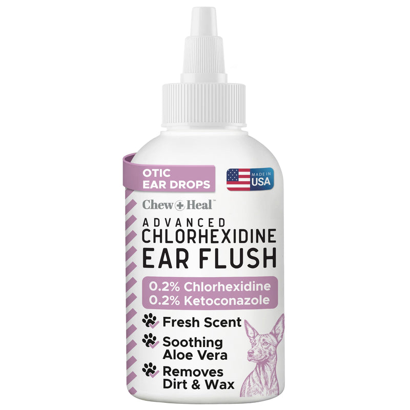 Chew + Heal Labs Dog Ear Cleaner - Medicated Dog Ear Buildup Drops for Dirt and Wax - 4 oz Advanced Flush with Chlorohexidine and Ketoconazole - Made in the USA 4oz