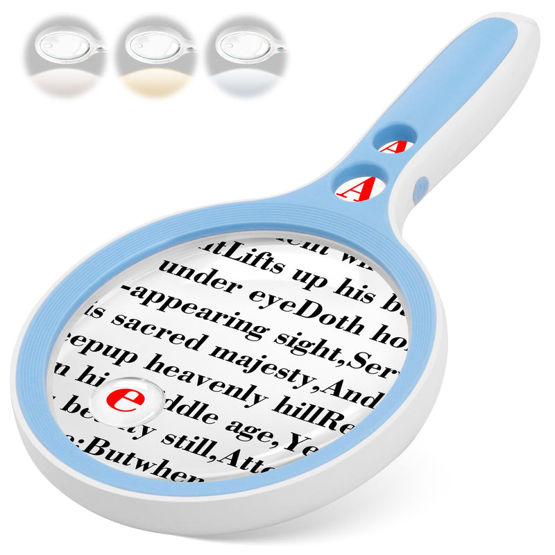 Large Magnifying Glass with Lights,10X 25X 45X 60X Handheld Illuminated Lighted Magnifier, 5in Page Reading Magnifier with 12 LED Lights for Seniors Reading, Coins, Jewelry, Close Work - Blue