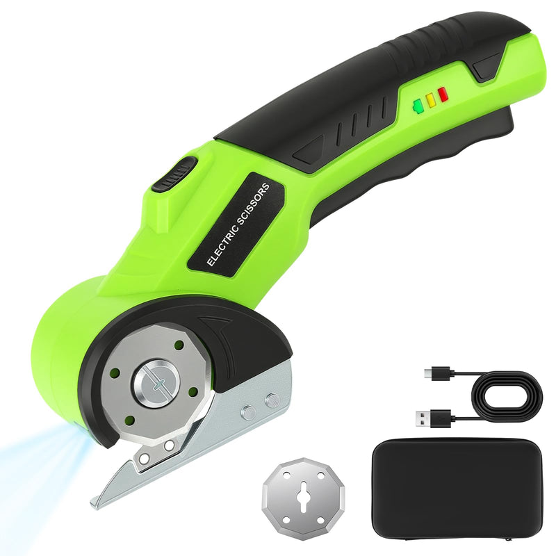 Cordless Cardboard Cutter with Safety Lock & LED – 4V Rechargeable, Extra Blade Included, Electric Box Cutter for Cardboard, Fabric Rotary Cutter for Wrapping Paper, Carpet & Leather
