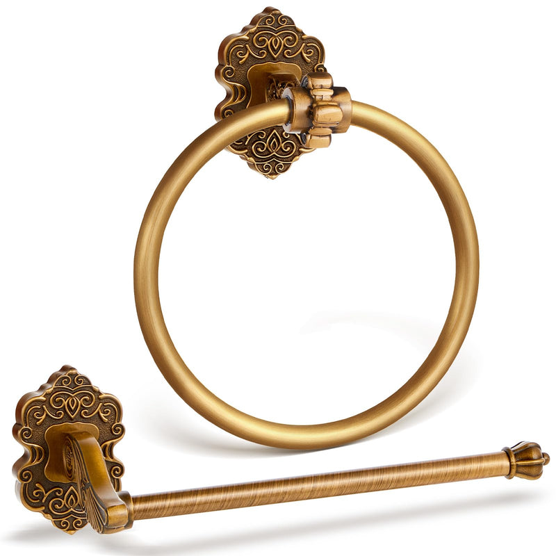 2 Pcs Antique Gold Toilet Paper Holder Towel Ring, Hand Towel Hanger Toilet Paper Roll Holder Wall Mount Retro Vintage Bathroom Hardware (Circle) Circle