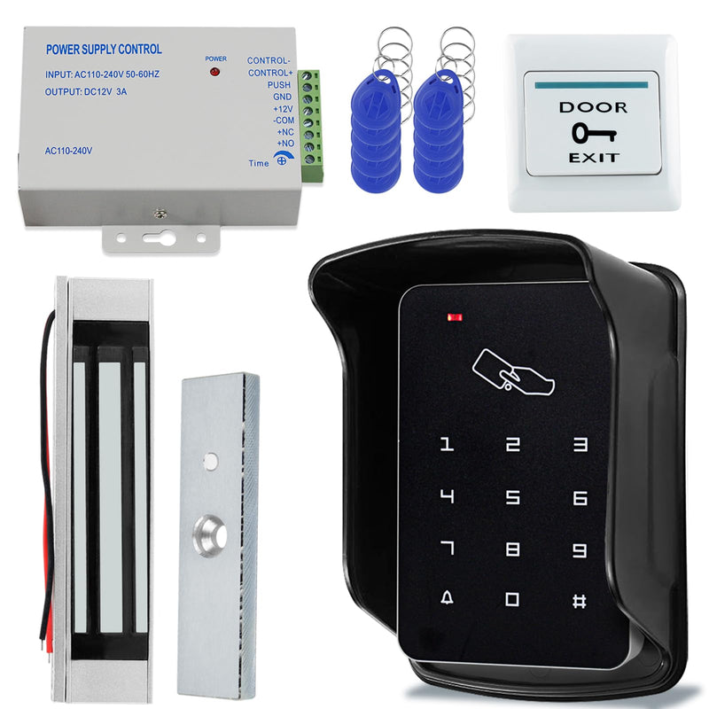 Door Access Control System Kit, RFID Keyboard with Rain Cover, 180/350lbs Magnetic Lock, DC12V Power Supply, 10Pcs 125KHZ ID Keyfobs,Door Safety Switch Applies to Outdoor