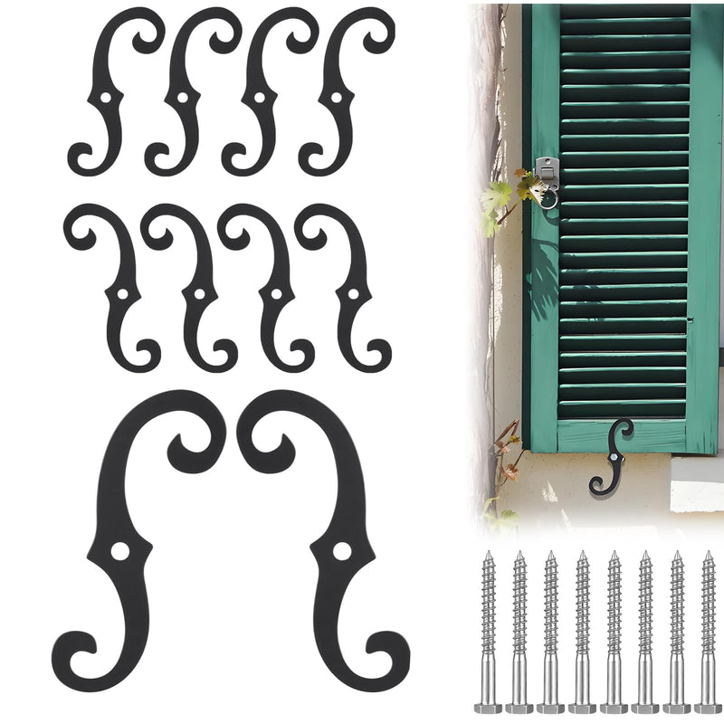 Rainmae 8 Pack S Style Shutter Dogs Hardware, 6.3 Inches Decorative Shutter Dog Holders with Screws, External Shutters Tieback for Exterior Decorative Shutters, Black