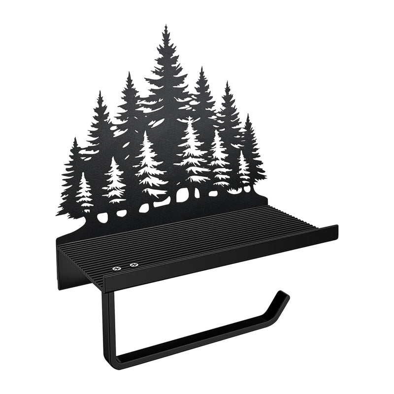 Rustic Toilet Paper Holder with Pine Tree Design - Metal Farmhouse Bathroom Tissue Roll Organizer with Shelf for Cabin Bathroom, Lodge & Black Forest Decor | Unique Wall Mount Rustic Home Accents
