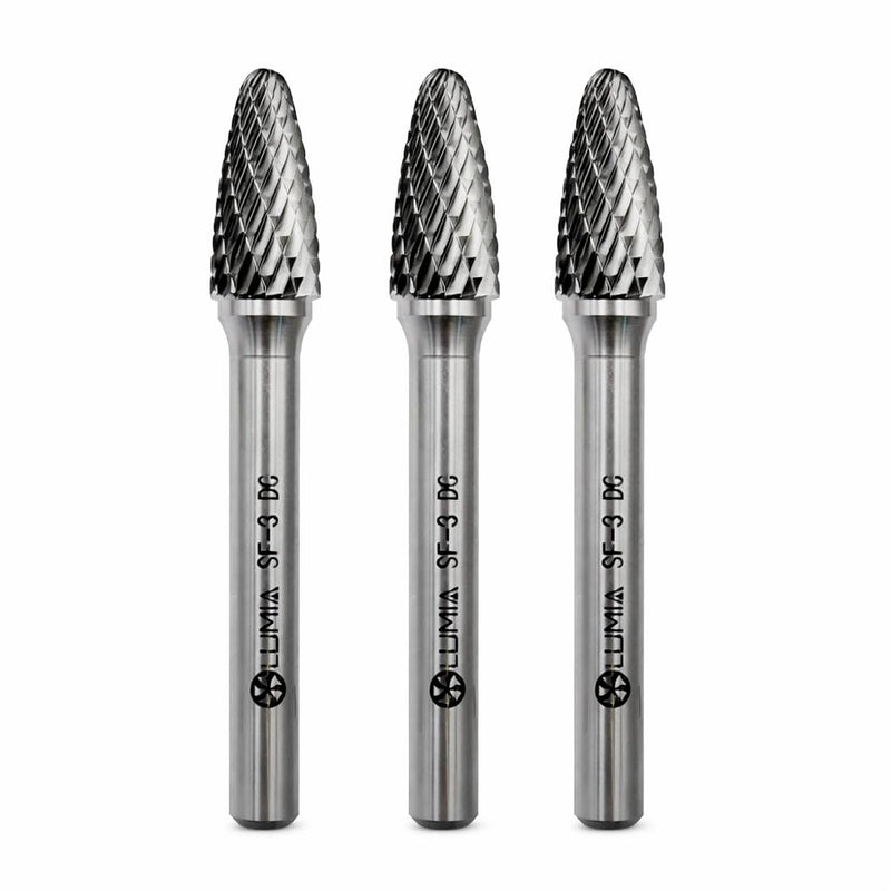 Professional Grade Carbide Rotary Burr ball-nosed tree type SF-3, double-cut with 1/4" shank for die grinders, Deburring, Engraving, Grinding, Carving on steel, cast iron, etc. Set of 3.
