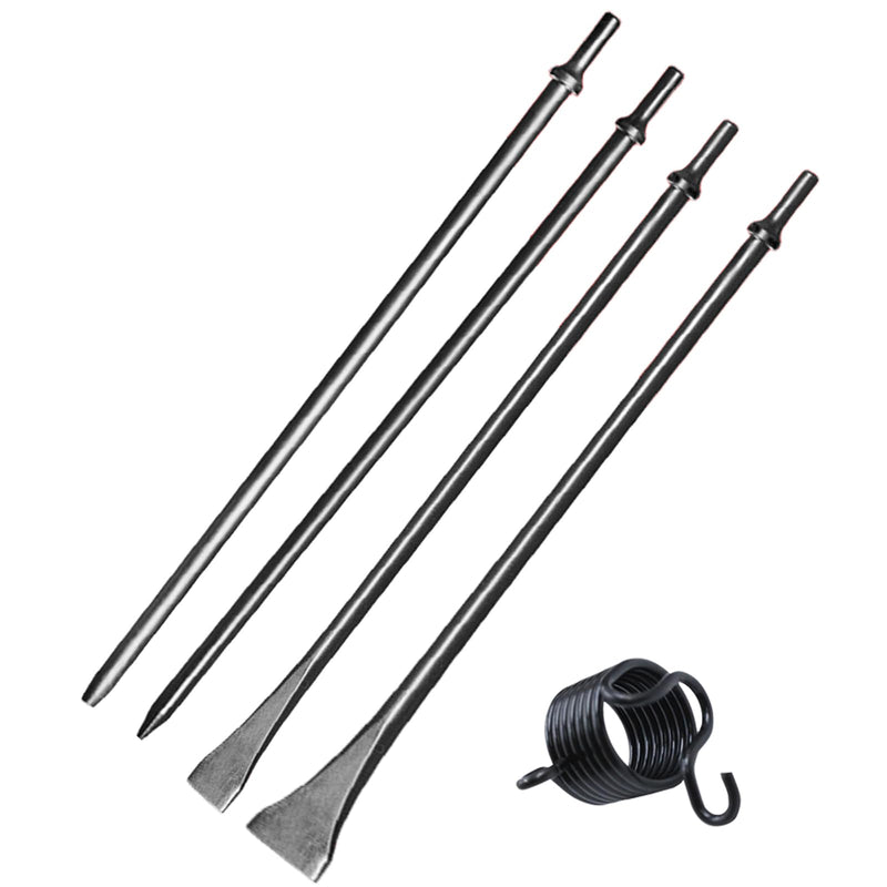 Pneumatic Air Chisel Set with Air Hammer Spring, 7/32" x 18" Point Tip，3/8" x 18" Point Tip，3/4" x 18" Flat Chisel, 2" Wide 18" Long Scaling Chisel Floor Scraper, 0.401 Inch Shank Air Tool