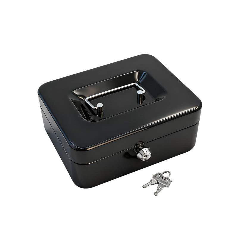 8" Cash Box with Money Tray | Metal Money Safe Lock Box Storage with Key for Valuables | Five Compartment Cash Tray Coin Drawer | 7.79"x6.30"x3.34" | Black Medium