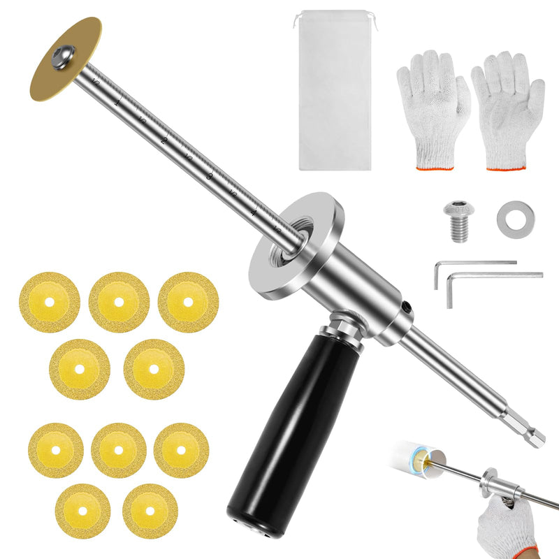 7 Inches Inside Pipe Cutter Kit for Tight Spaces with 11 Pcs Diamond Cutting Wheel Adjustable Cutting Depth PVC Pipe Cutter Tool with 1/4 Hex Shank Fit for 1-1/2 Inch to 8 Inch for Glass Marble Jade Pipe Cutter with 11 Pcs Diamond Cutting Wheel